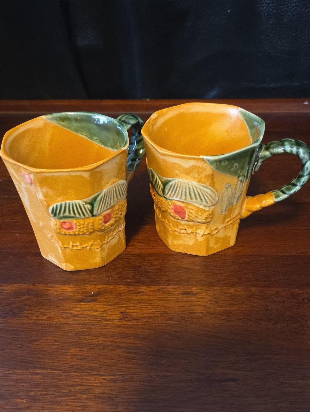Asian Handcrafted Tiki Hut Hawaiian Yellow Ceramic Mugs  Set Of 2